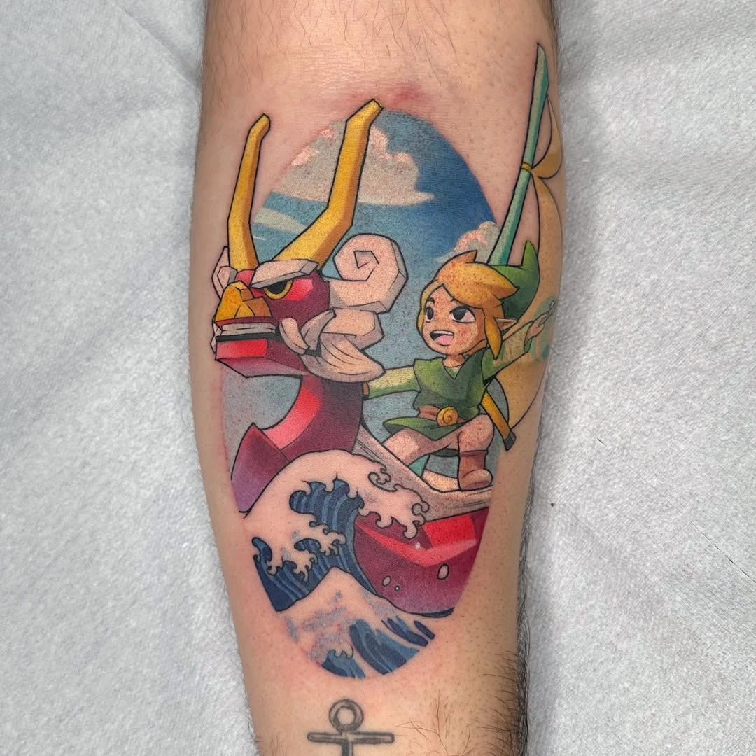 Link et le Lion rouge de Zelda The Wind Waker ✨ Merci Alexandre pour ce chouette projet ! • Proteam : @barberdts_fr @barber_dts • #zeldatattoo #videogametattoo #geektattoo #mangatattoo #tatouagecouleur