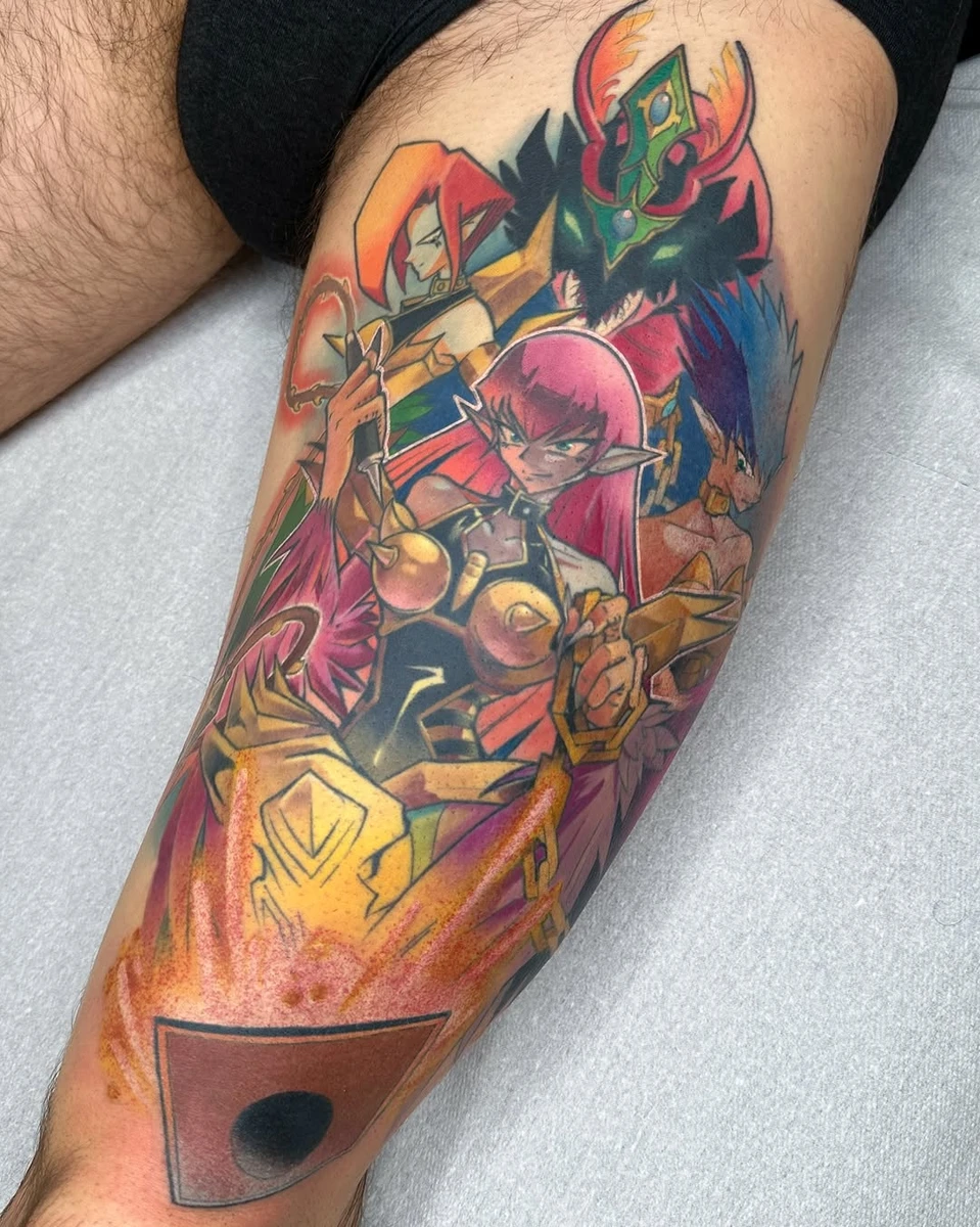 Dame Harpie et ses sœurs on trouvé place sur la cuisse de Guillaume. Merci pour ce projet Yu-Gi-Oh 🙏🏻✨ • Proteam: @barberdts_fr @barber_dts • #animetattoos #mangatattoo #popculturetattoo #tatouageparis #yugiohtattoo