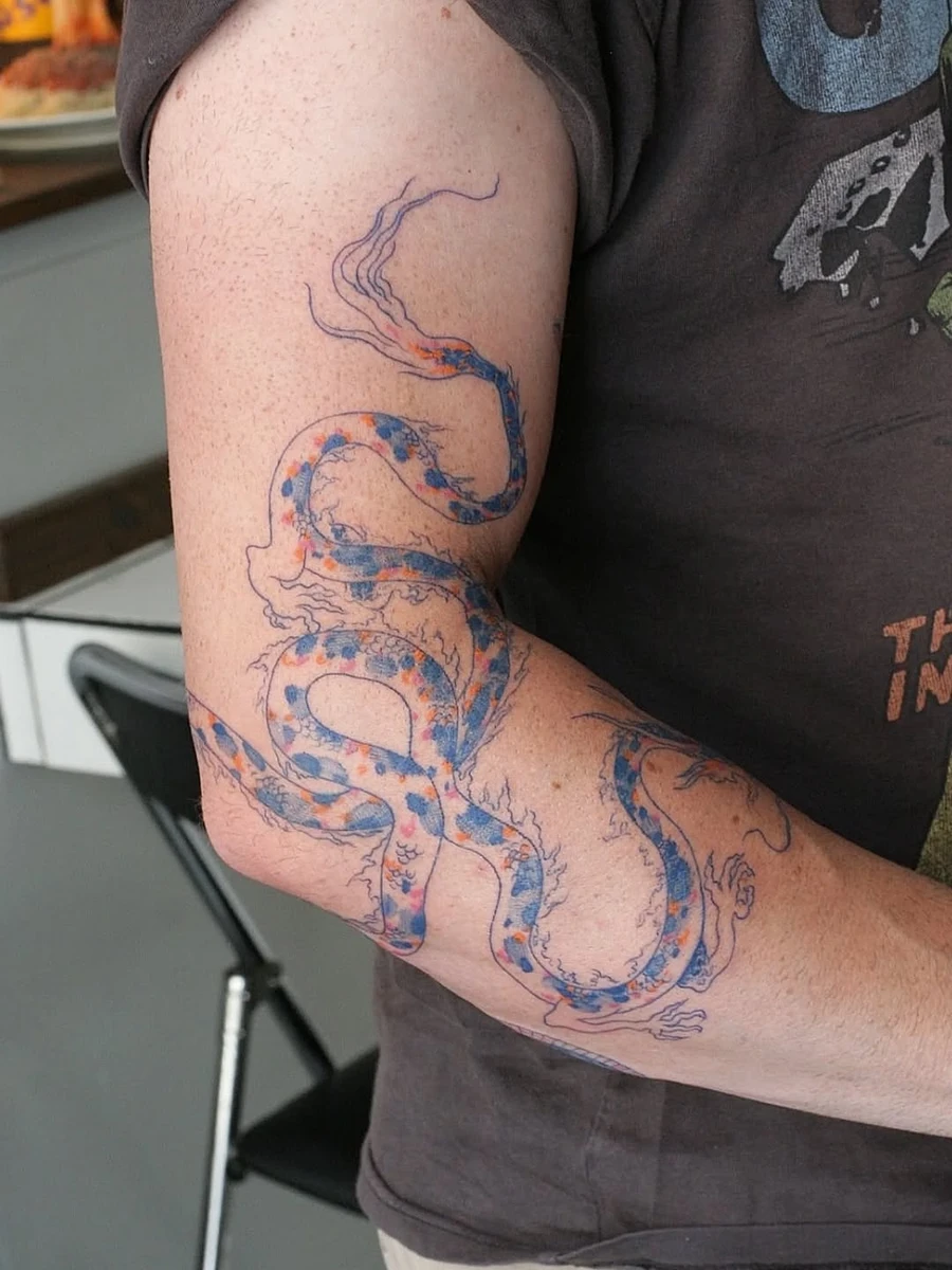 Un grand dragon coloré et ses deux camarades pour Noé 🐉🐟🐦 Merci encore pour ce beau projetque je livre malheureusement à travers des photos floues 🙃 Fait chez @steak.tattoo.marseille #tatouagemarseille #freehandtattoo #frenchtattooist #dragon