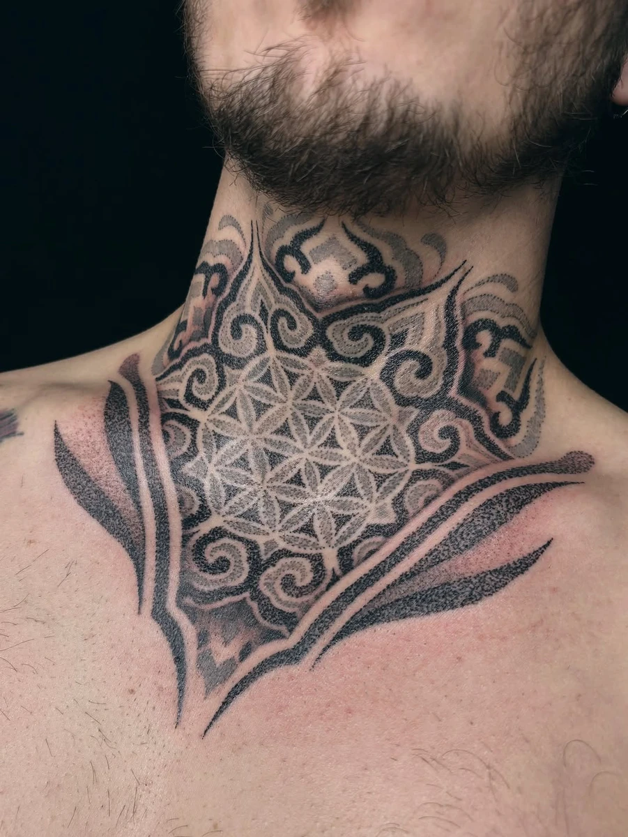 Projet sur la gorge dans un style dotwork, réalisé en deux sessions.