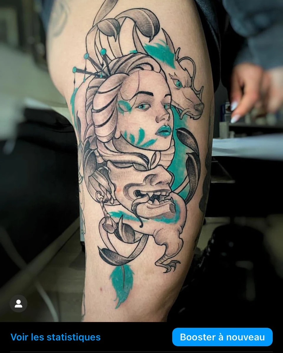 Tatouage de Clem, inspiration Ghibli, néo-japonais.