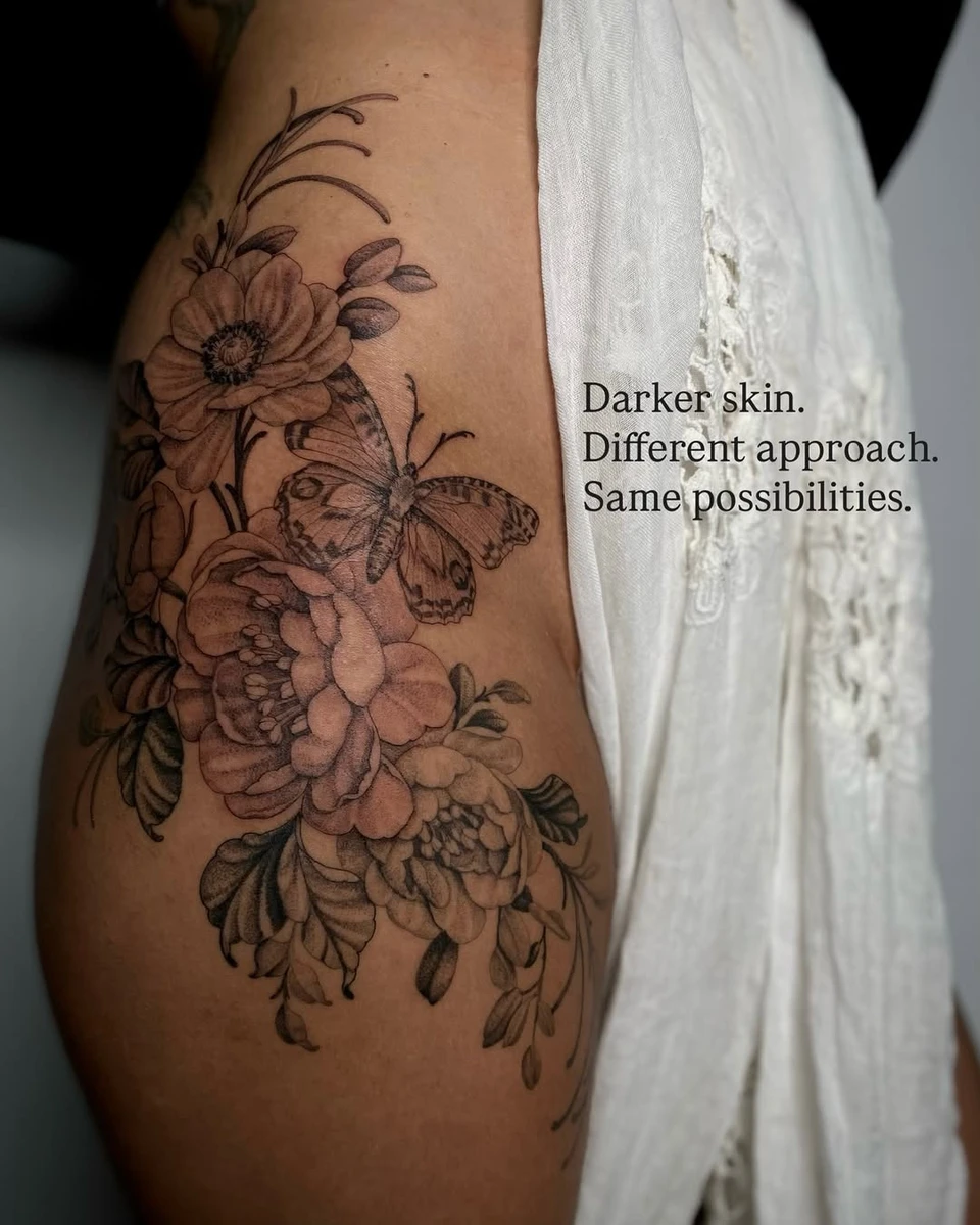 •𖠁• Amandine 2024 •𖠁• Every skin tone deserves thoughtful tattooing. Designing for darker skin isn't about limitations. It's about understanding contrast, composition and longevity. •𖠁• Done for the sweet Amandine 🙏🏼 thank you for your trust. Some healed. Some fresh. •𖠁• Books opening SOON •𖠁