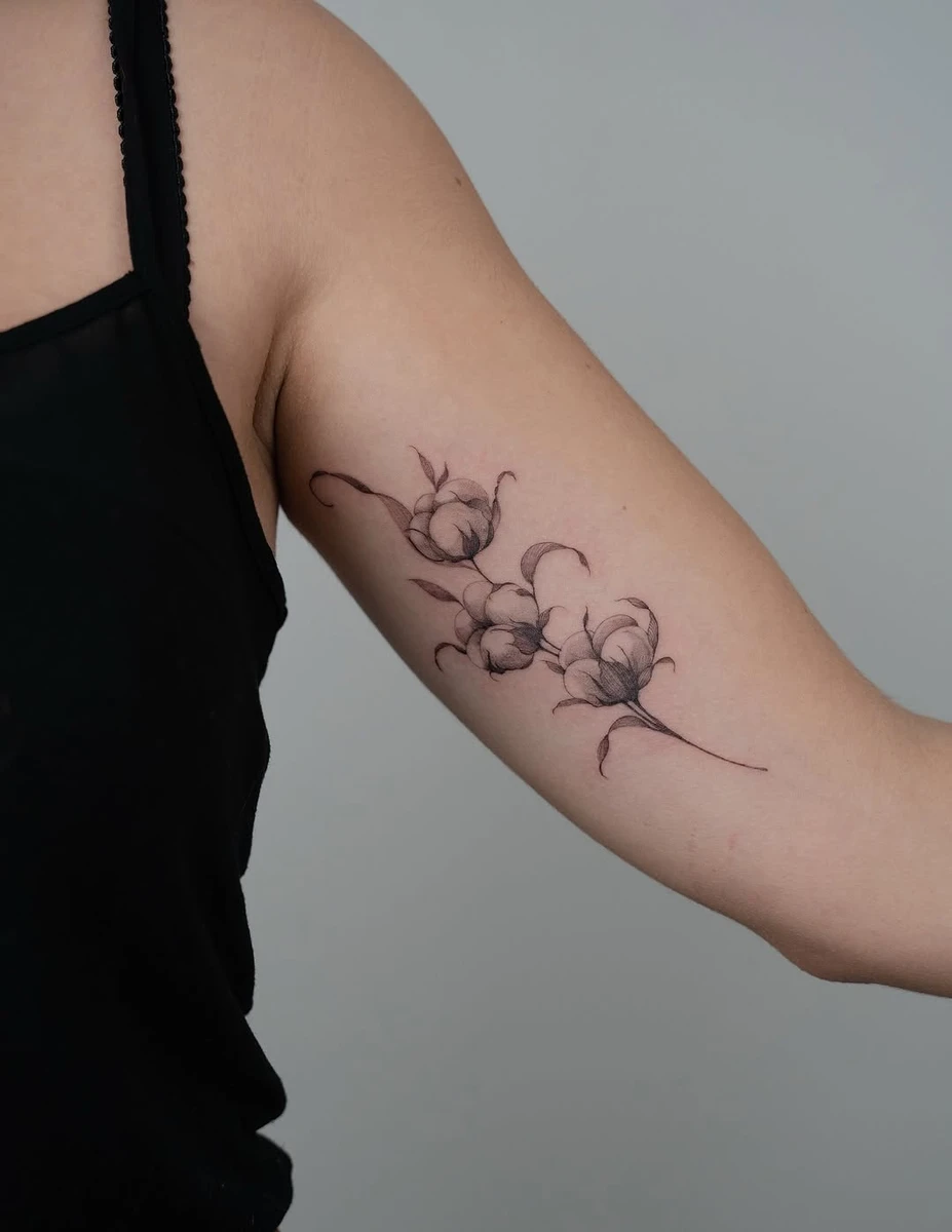 Frais VS Cicatrisé depuis 3 ans 🫶 J'ai tatoué cette fleur de coton il y a environ 3 ans. Merci beaucoup du soin que vous prenez de vos tatouages 🙏 - J'ouvre mon agenda 2026 en Janvier, pensez à mûrir et préparer vos projets tattoo ✨