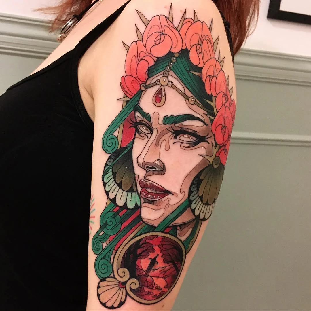 Portrait done on Charlène arm last week. Thank you for your trust !!! Portrait de la Dame du lac fait sur Charlène. Merci pour ta confiance et à très vite pour la prochaine pièce ! Contact par mail pour infos/rdv : rockyzerocontact@gmail.com #tattoo #rockyzero_tattoo #antique #traditional #classique