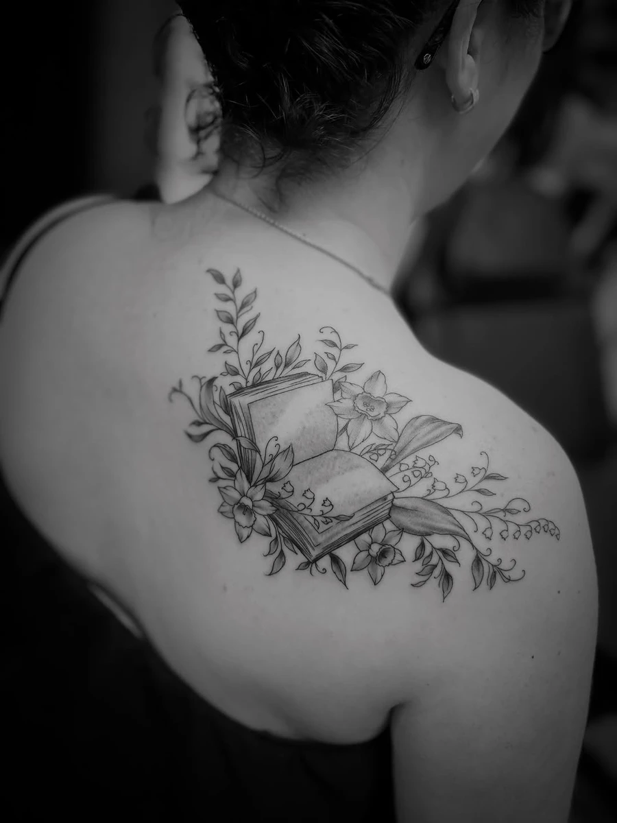 Some flowers and a book, and some freehand vines.