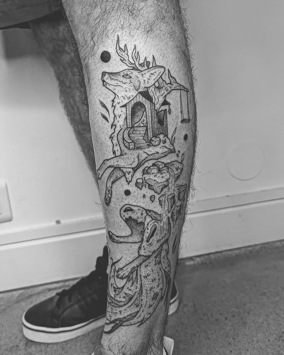 Renard, dotwork organique.
