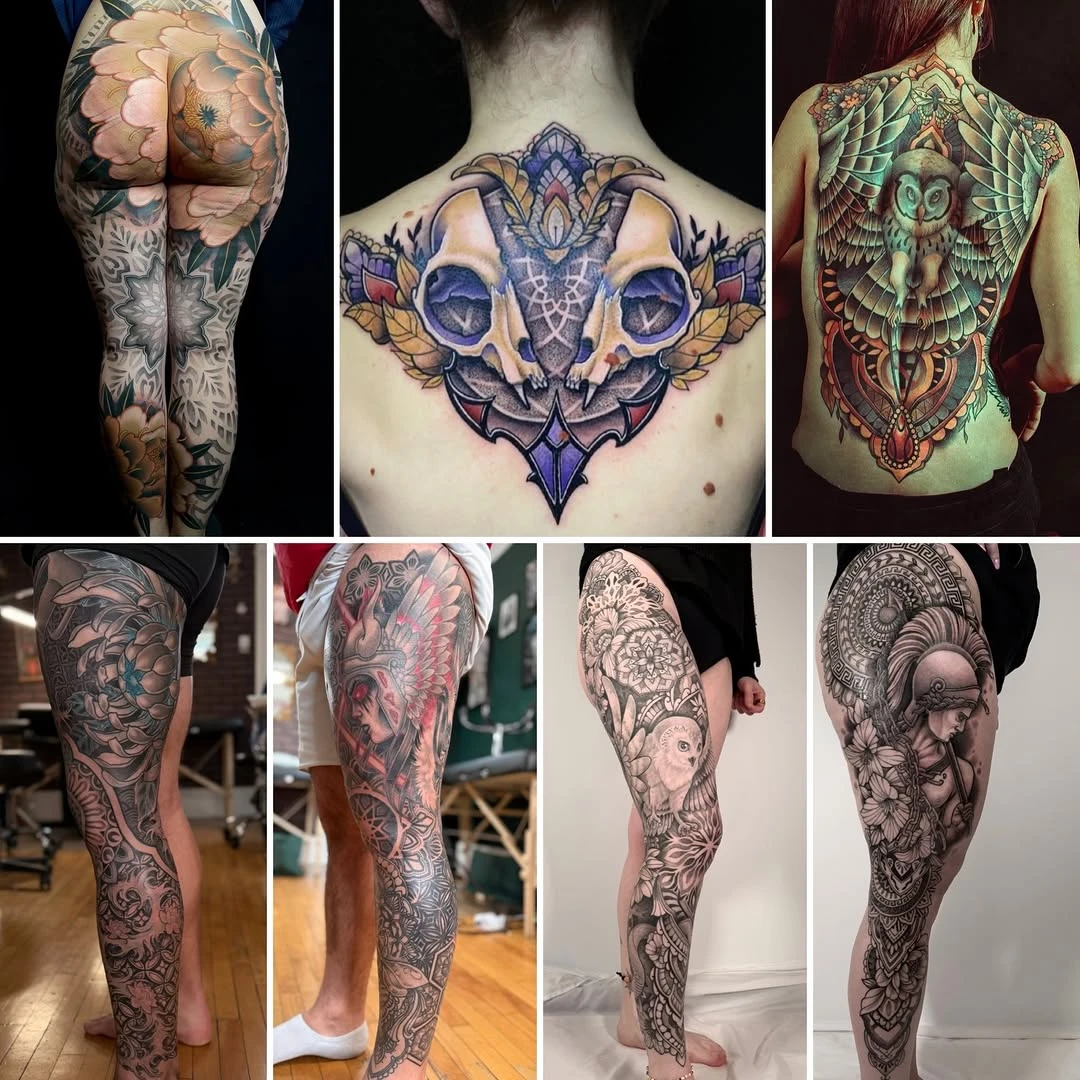 🌙🌙 Collaboration @marine_ishigo_tattoo et @dino_nevroz_tattoo 🌟 Cela commence à faire plus de 10 ans que l'on s'amuse ensemble à créer de plus en plus gros , couleur ou noir et gris , donc si un projet mi ornemental / mi figuratif te plairait n'hésites pas 🙌🏻🫶🏻 Nous avons du temps en juillet 