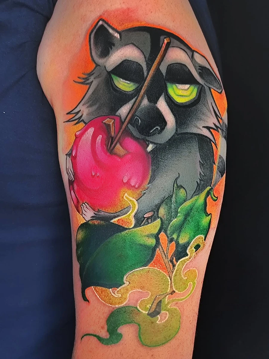 PSYCHO RACOON. Merci @boulink48. Done at @le_chaudron_hurlant #newschooltattoo