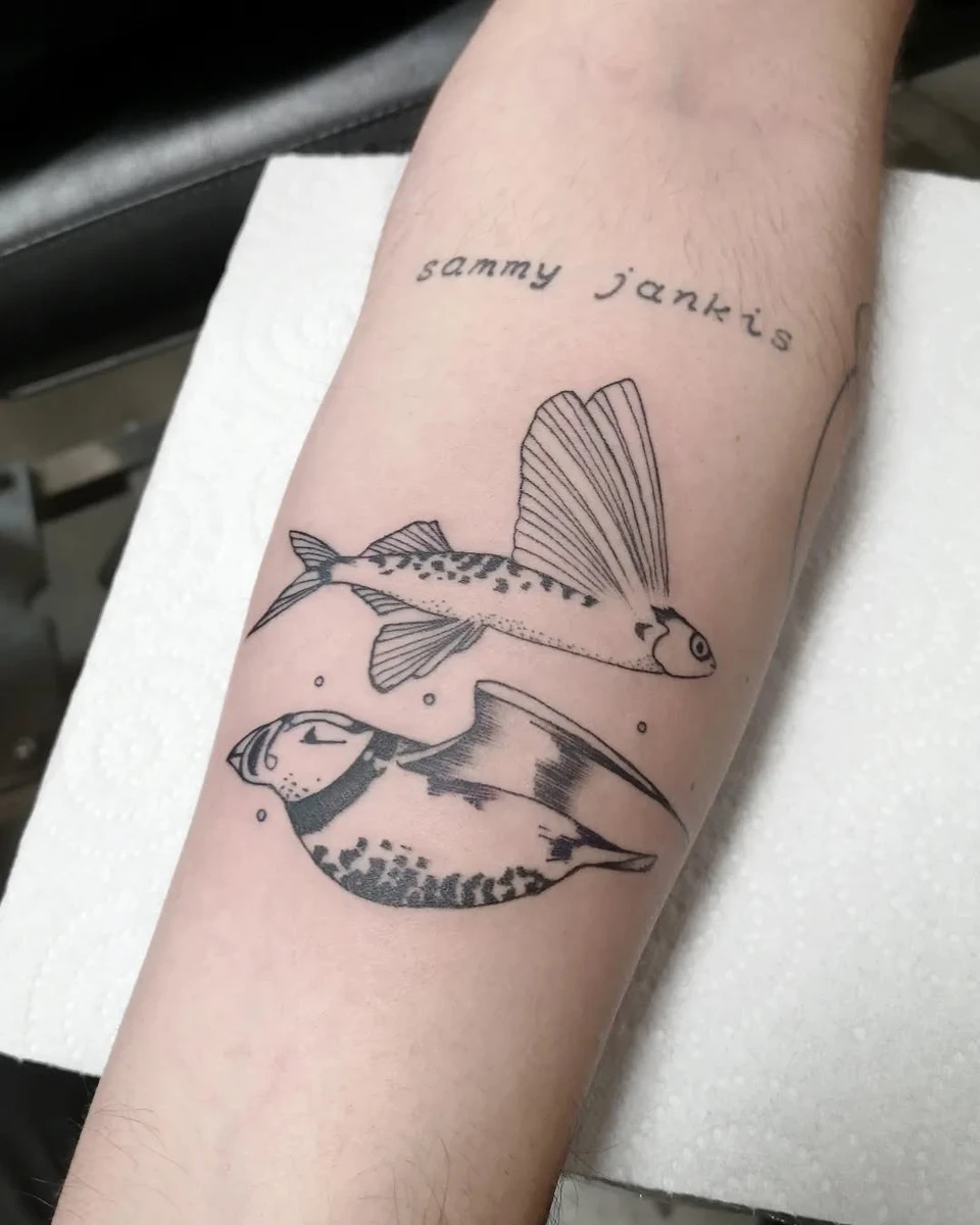 Poisson volant et macareux en blackwork fineline sur avant-bras