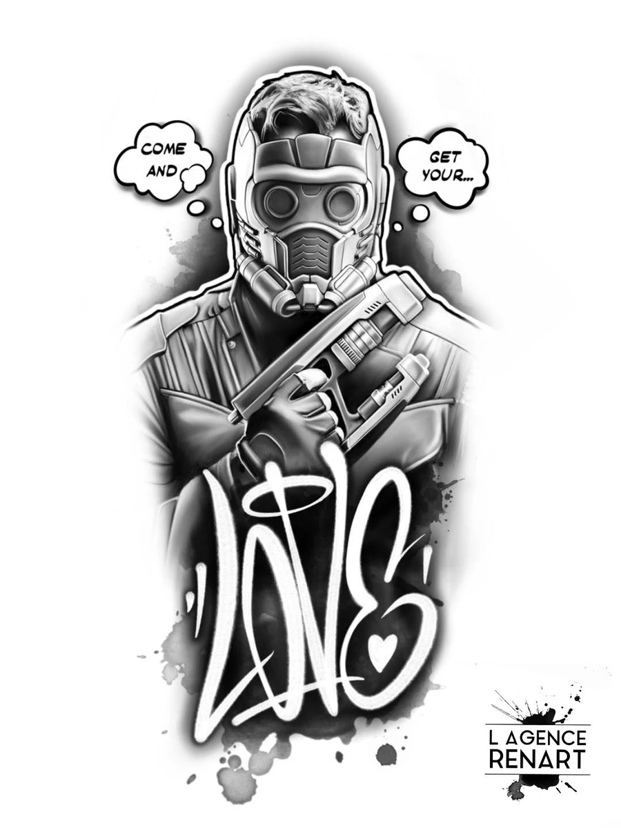 Star-Lord / Peter Quill des Gardiens de la Galaxie. Tatouage pop culture réaliste noir et gris.
