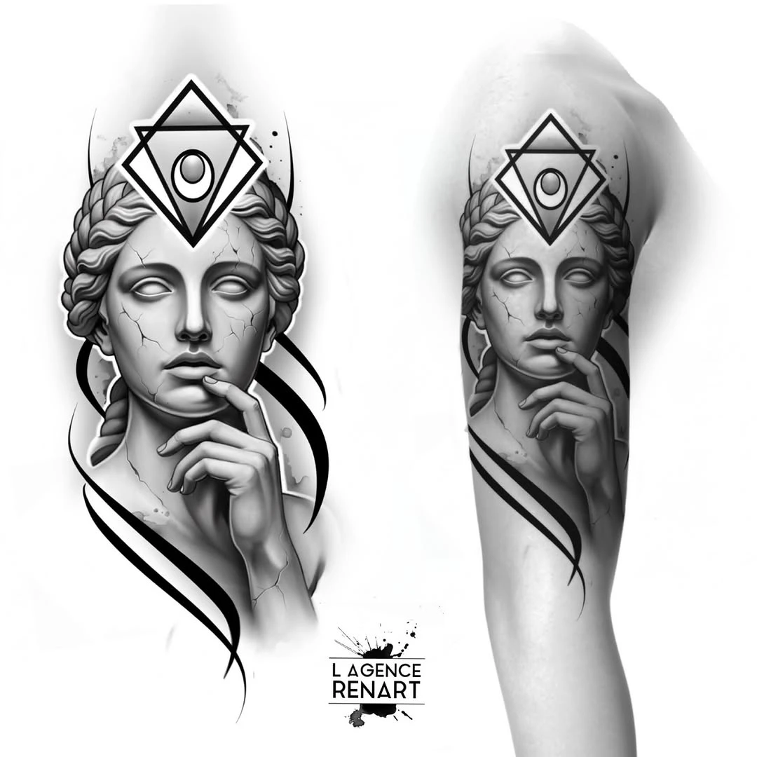 Composition réaliste néo-classique : statue avec symbolique ésotérique, ombrages fins noir et gris.