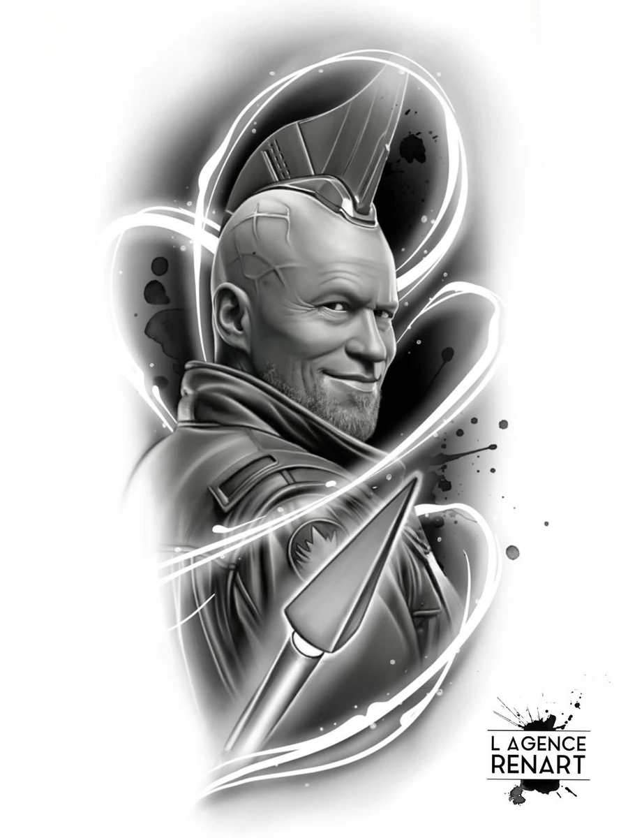 Portrait réaliste de Yondu (Les Gardiens de la Galaxie). Tatouage pop culture black & grey.