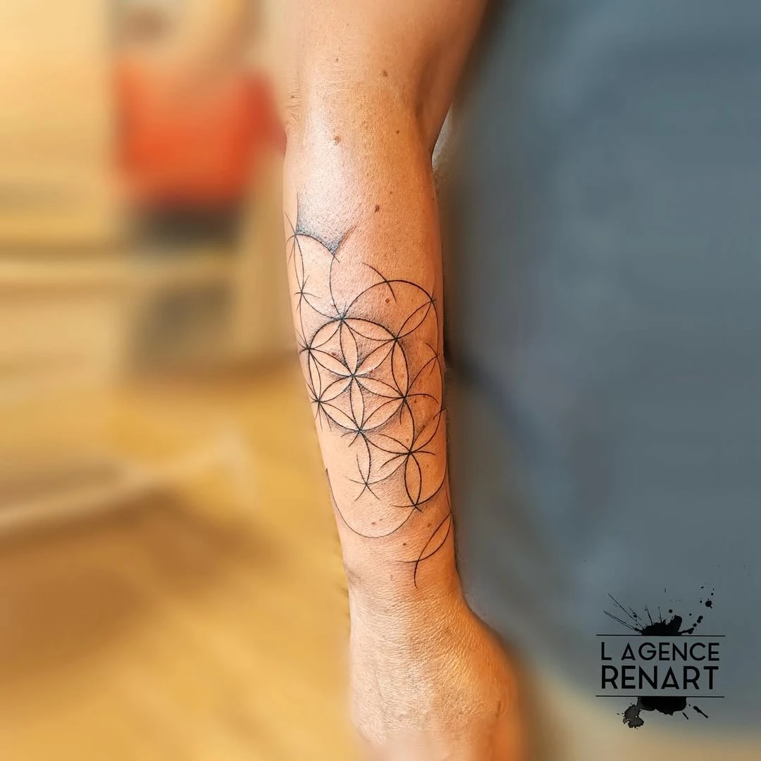 Flower of life géométrique abstraite sur avant-bras. Composition géométrique et abstraite.