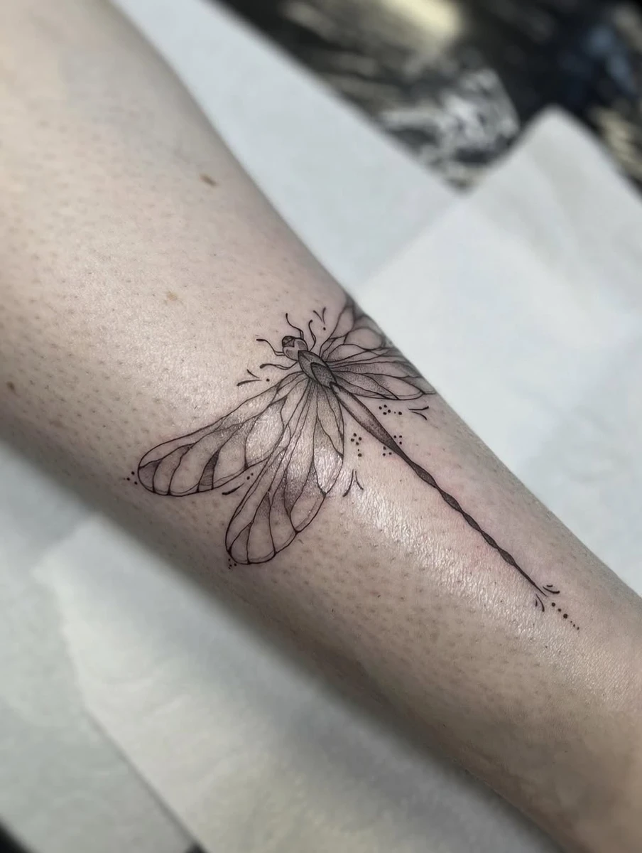 Petite libellule ornemental fineline. Spécialisée tatouage floral, ornemental & fineline.