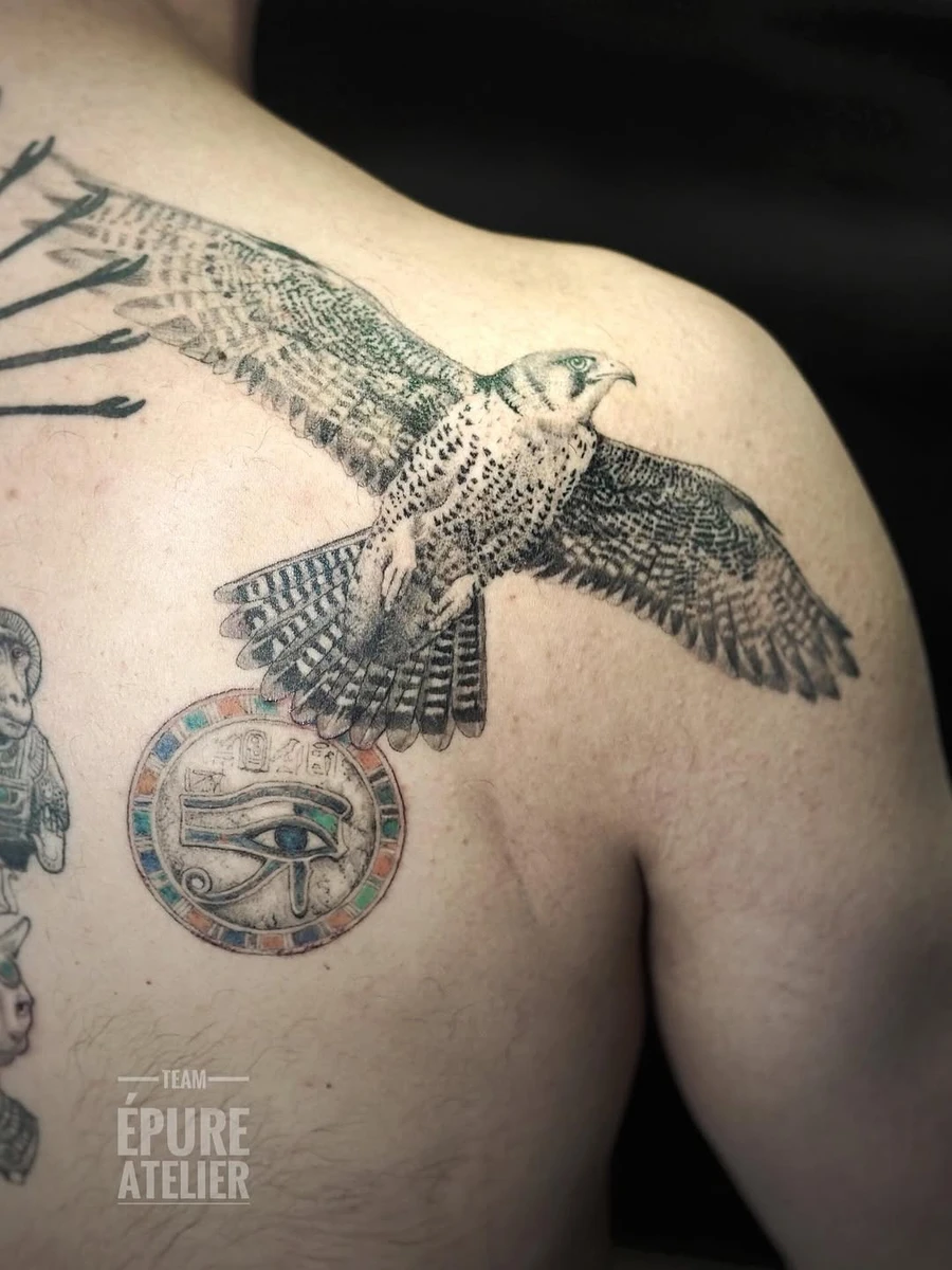 Horus sous sa forme de faucon pour Olivier. En tant que divinité céleste, Horus exerçait un pouvoir absolu sur le firmament. Sa représentation sous forme de faucon ou d'homme à tête de faucon symbolisait sa capacité à s'élever au-dessus du monde terrestre et à observer toutes choses d'une perspectiv