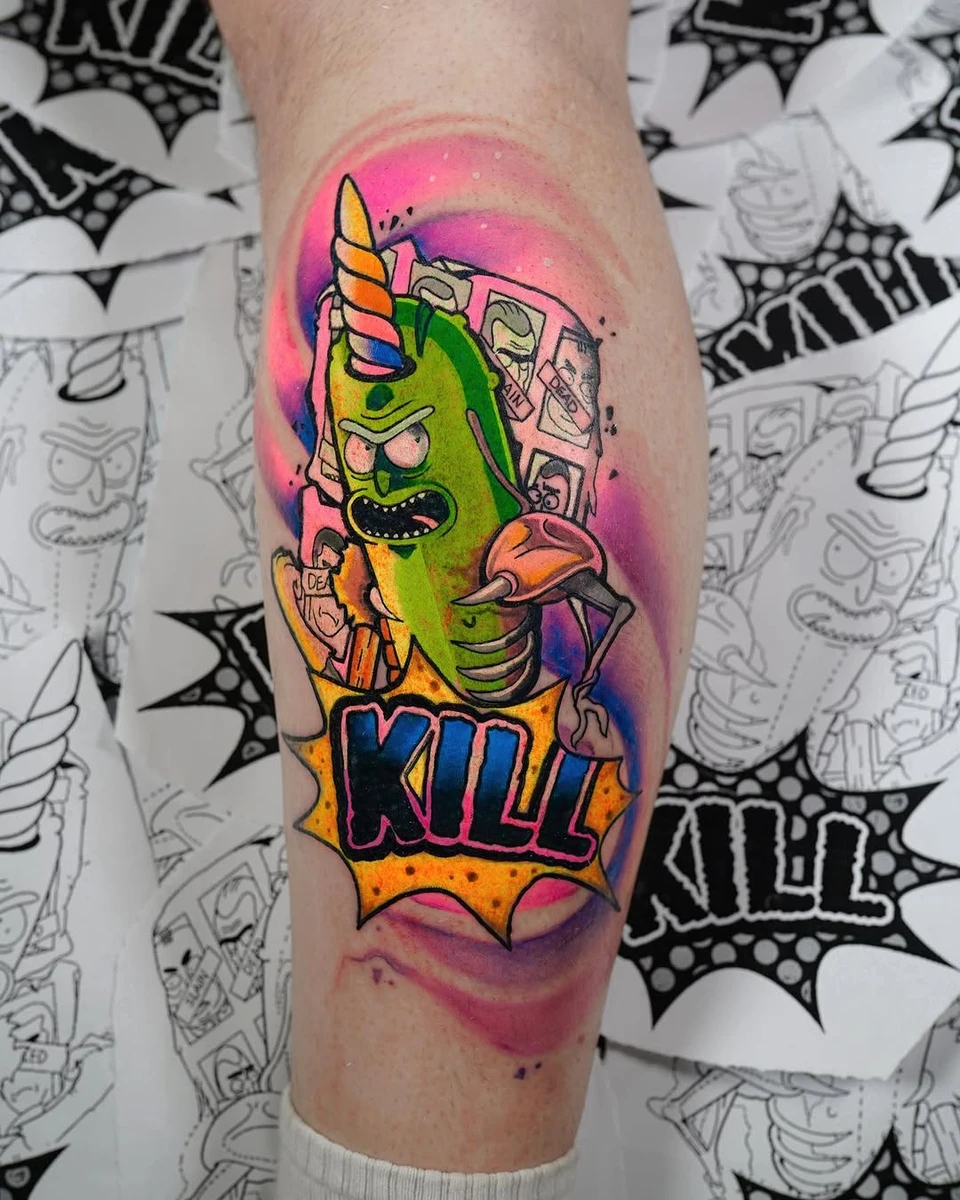 Kill! 🥒Pickle Rick 🥒 Sponsored by @dragontattoosupply . . #picklerick #picklericktattoo #rickandmorty #rickandmortytattoo #animetattoo #ricksanchez #ricksancheztattoo #cartoontattoo
