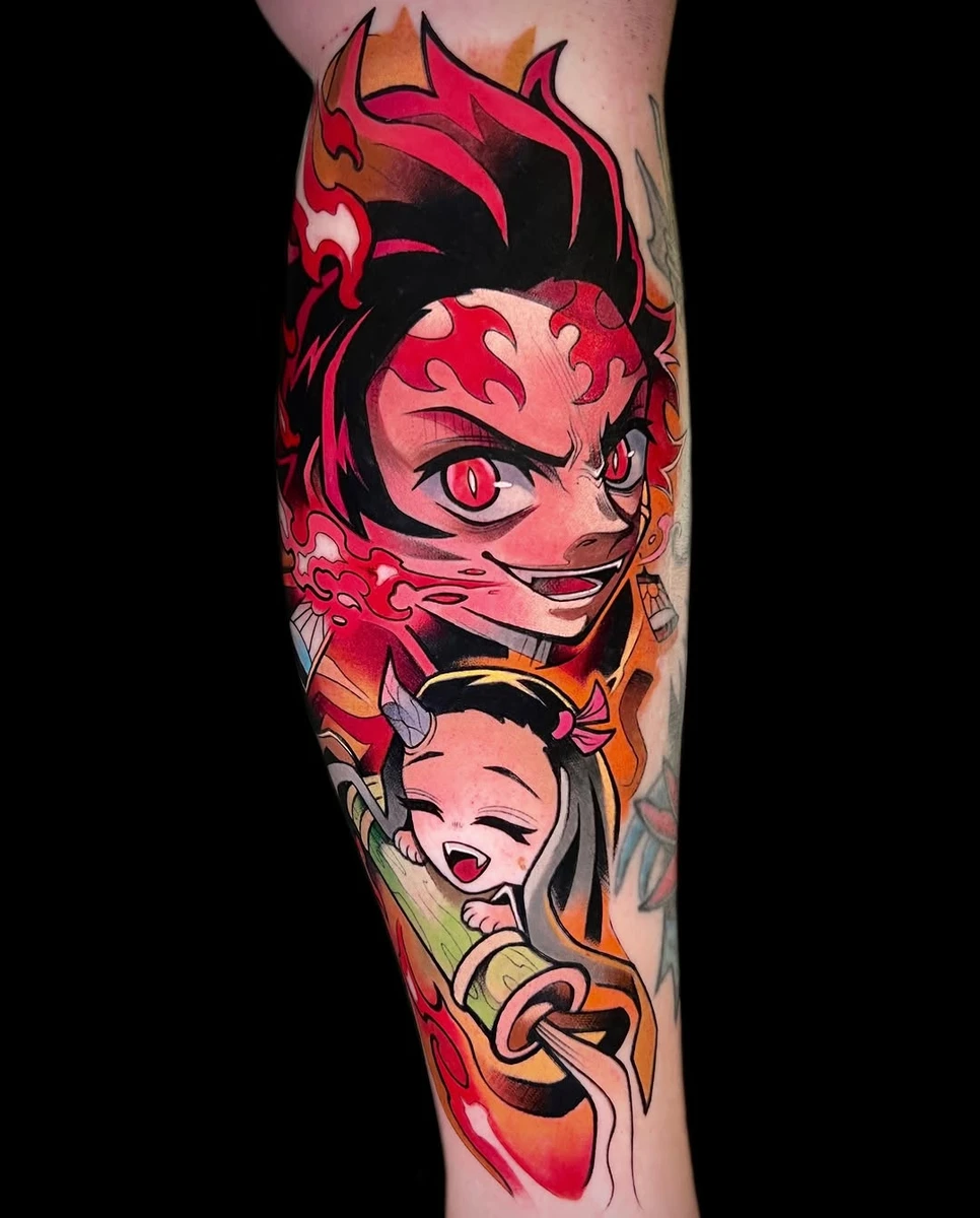 🔥TANJIRO / NEZUKO ! 🔥 Une pièce pleine d'énergie, de contraste et de couleurs vives comme je les aime. Merci pour la confiance 🙏⚔️ Quel est votre personnage préféré de Demon Slayer ? 👇 #animetattoo #mangatattoo #colortattoo #tattoofrance #tatouage