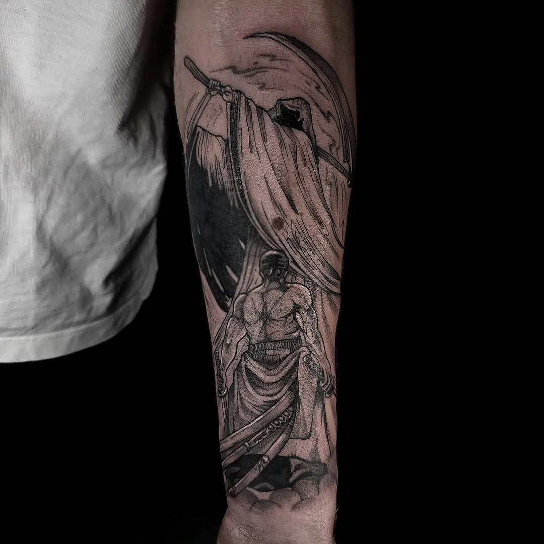 ZORO×DEATH * Merci Enzo une fois de plus pour ta confiance pour ce projet 🙏 Représentation et réalisation By Ma-Ste" @le_kiks_tatouage Sponsor: @devilish_tattoo Réalisé avec : @caenjaimemapeau @emalla.official @kwadron @pantheraink @criticaltattoosupply @emalla_france * #tattoo #ink #tatouage #girl