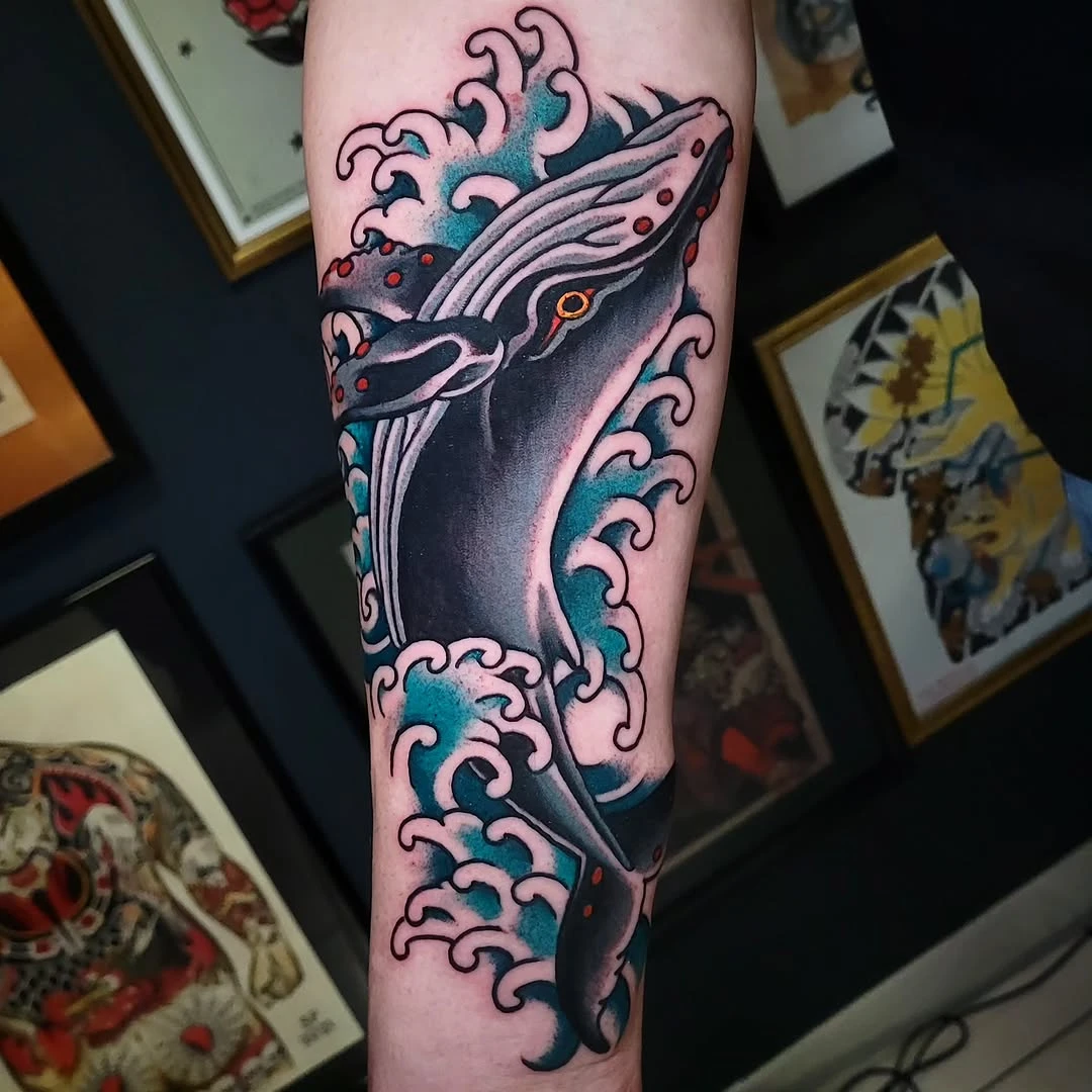 Made at @halfwolftattoo , thank you Gregory ! #whale #whaletattoo #tradworkers #traditional #oldschooltattoo