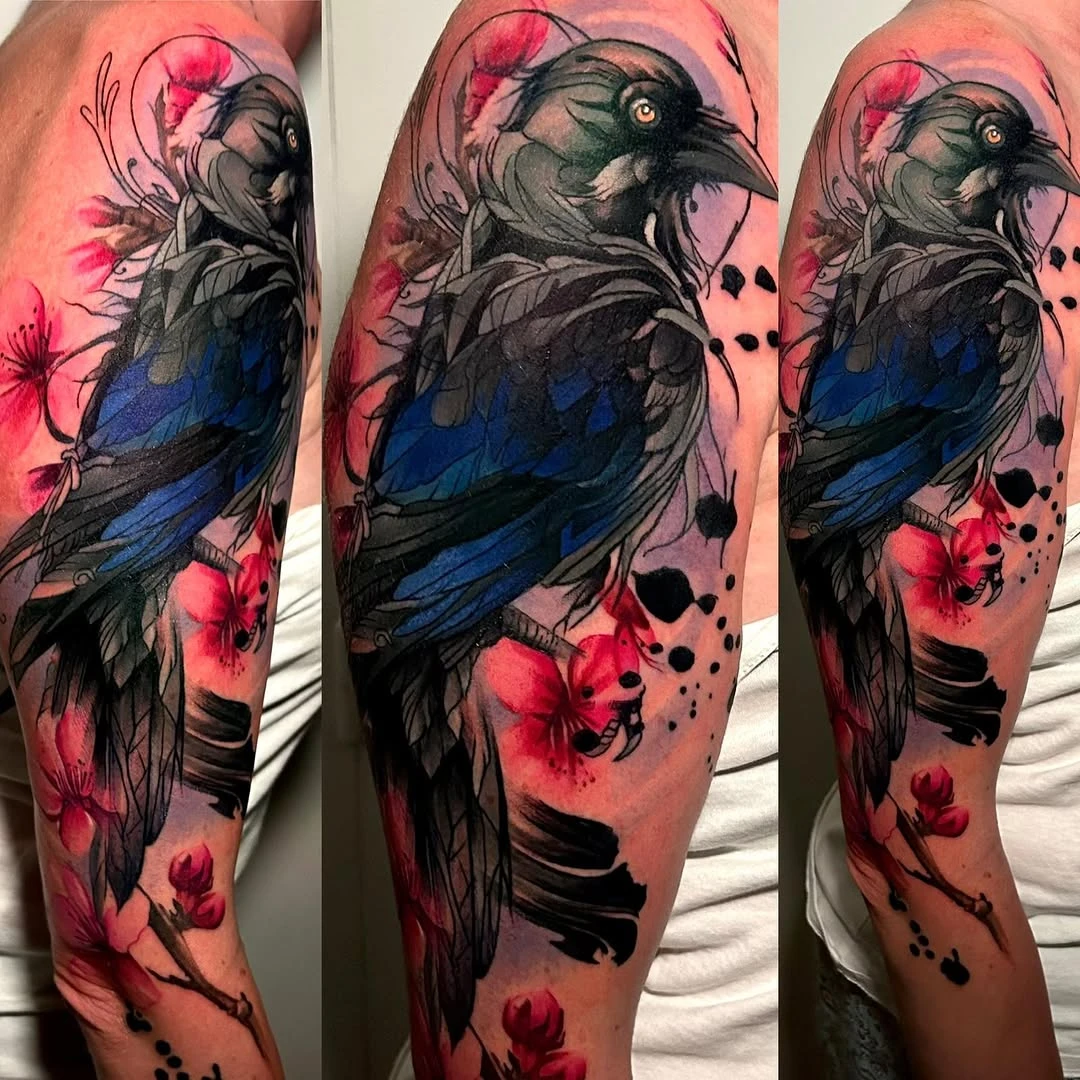 Corbeau avec fleurs, aquarelle aux couleurs vives.