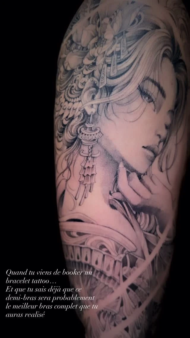 Portrait féminin réaliste avec ornements (mandala, géométrie). Début de manche.