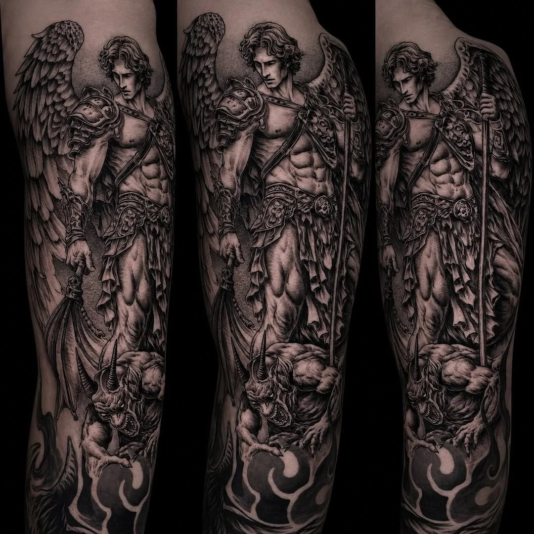 Archangel, intérieur du bras, noir et gris contrasté.