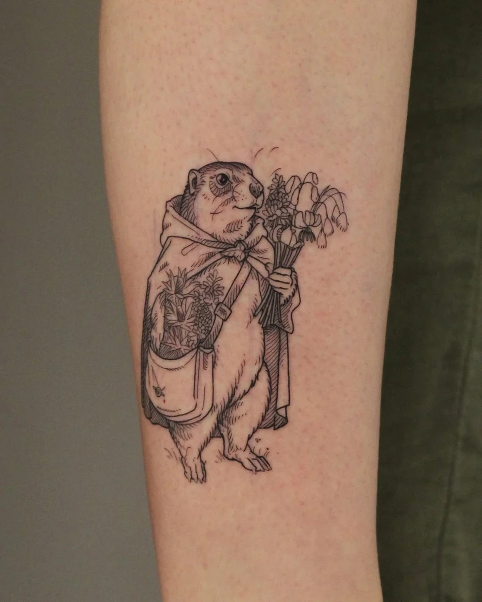 Marmotte herboriste cueillant des fleurs sauvages alpines. Merci pour ta demande.