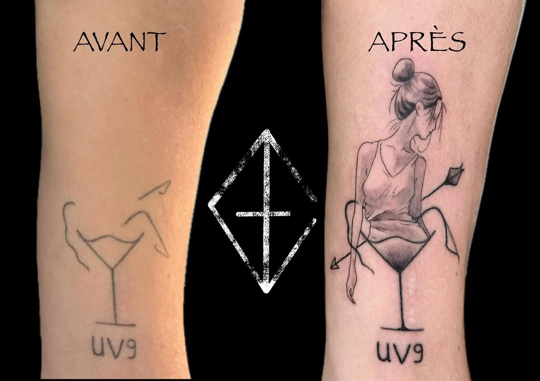 Cover-up transformé en portrait détaillé, fine line.