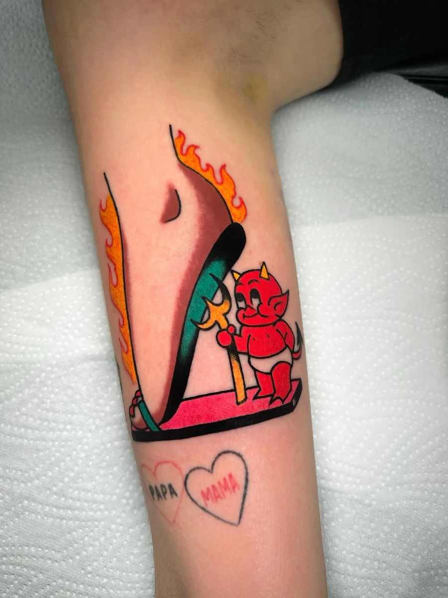 Diable au pinceau en feu avec cœur « parents », couleur.