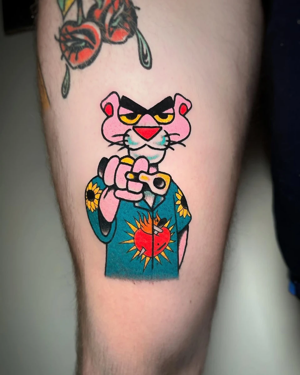 Chat rose cartoon en chemise, couleurs vives.