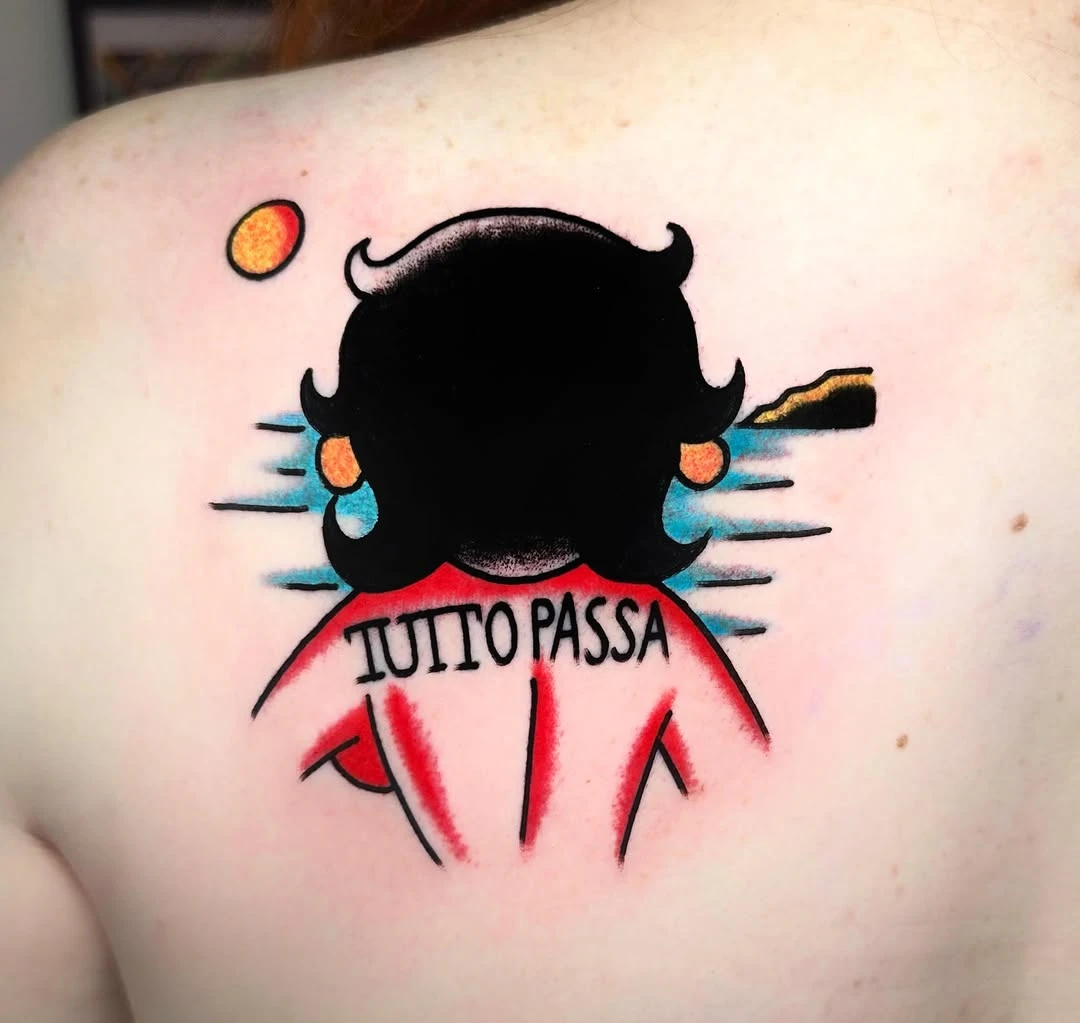 Femme démon avec lettrage « Tutto passa », graphique couleur.