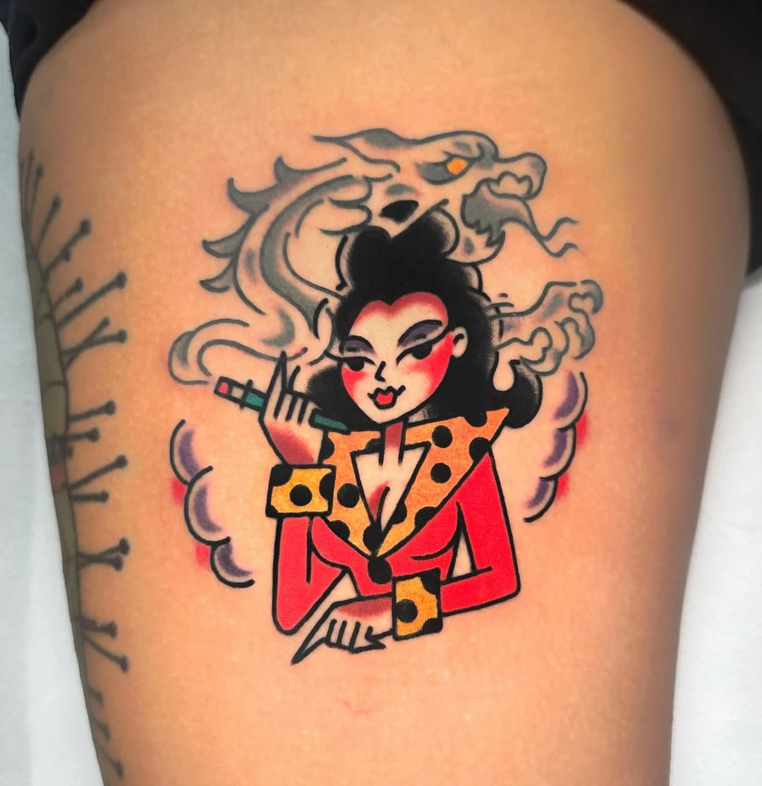 Femme asiatique et dragon, style cartoon coloré.