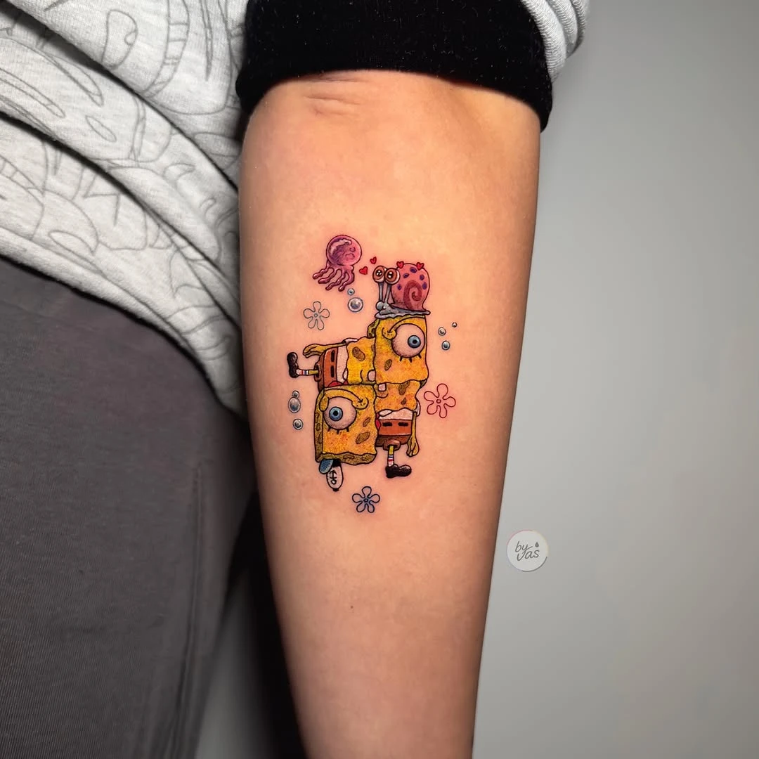 Tiny favorite from Bikini Bottom 💛 . #spongebobtattoo #tinytattoo #smalltattoos #colortattoo #customtattoo