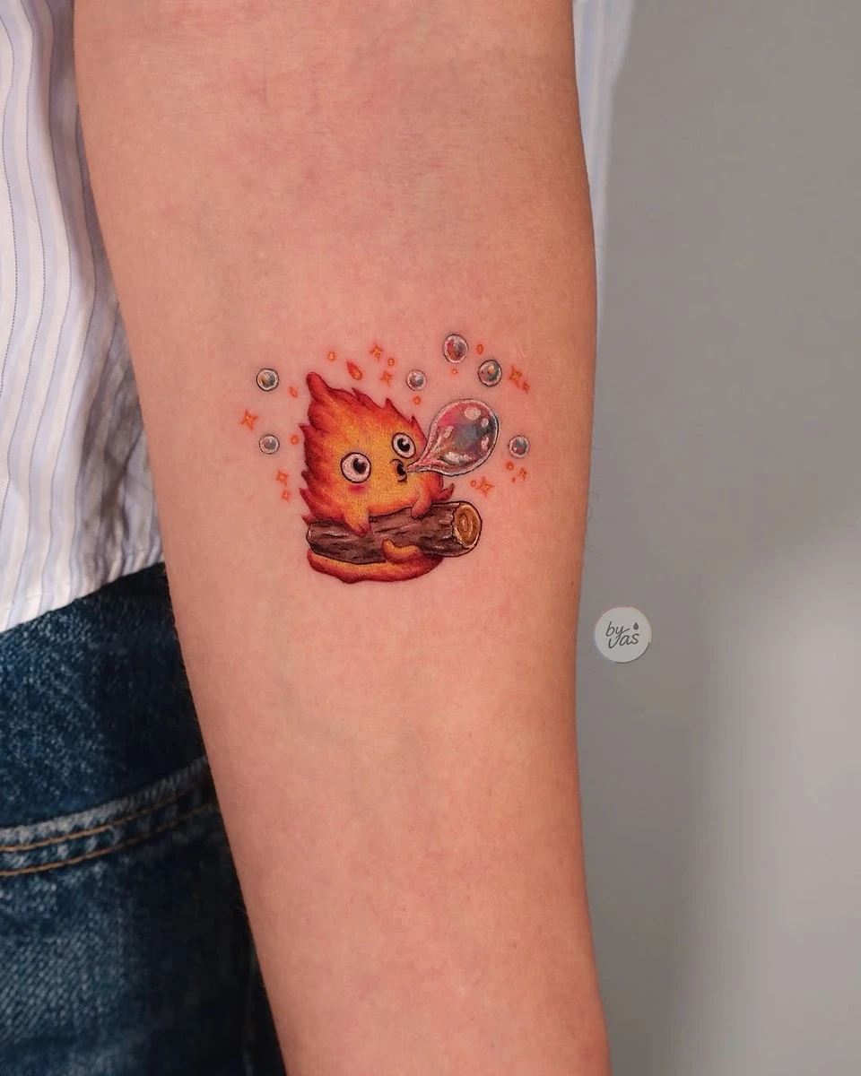 🔥 Little Calcifer 🫧 Blowing bubbles instead of causing problems. #calcifer #howlsmovingcastle #studioghibli #ghiblitattoo #animetattoo