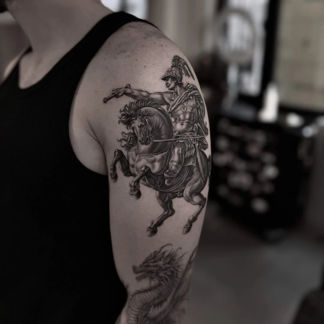 Hendrick Goltzius — "Marcus Curtius" (1558-1617) "Next chapter of the sleeve." İn progress… #tattoo #ilyasargin #kadıkoy #istanbul #argtattoogallery #mitologia #tattoos #blackandgreytattoo #fullsleevetattoo #turkeytattooartist