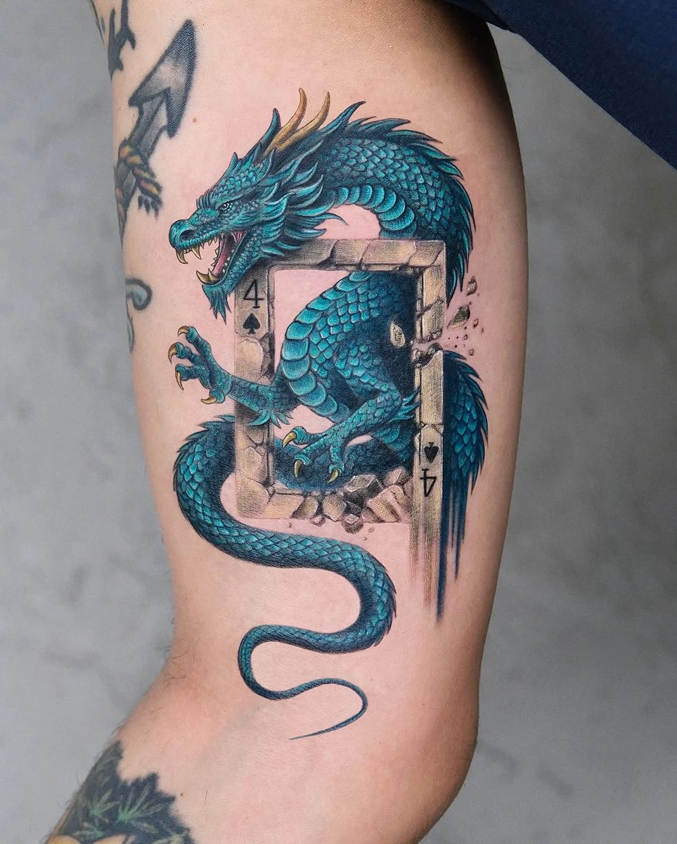 Lucky number 4 ✨ Blue dragon 💧 #gokceozaslan Sponsored by @pepax.turkey @panormostattoo @tattoobullsupply Studio @us_istanbul #bluedragon #dragontattoo #colortattoo #tattooartist #animaltattoos #dragontattoos #realistictattoos #playingcard #fourofspades #microrealismtattoo